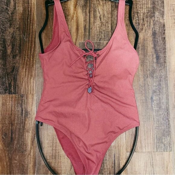 Xhilaration Ribbed Lace Up Scoop Back One Piece Swimsuit - Picture 2 of 5